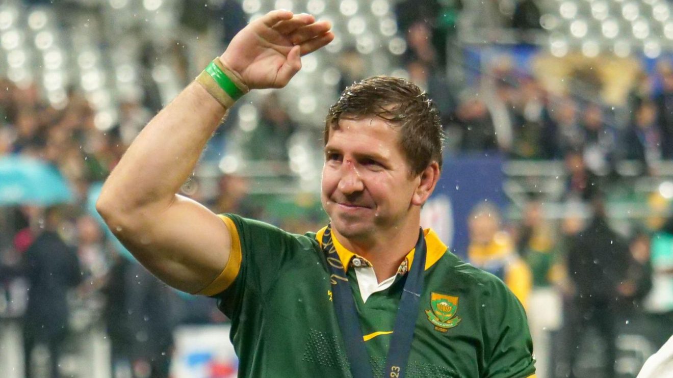 Springboks flanker Kwagga Smith celebrates and thanks the fans after South Africa won the Rugby World Cup final.