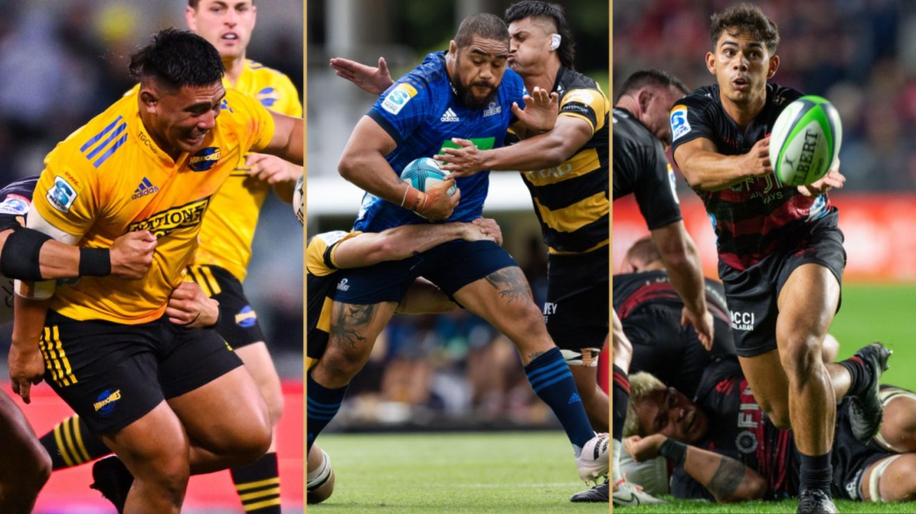 Split with Xavier Numia (Hurricanes), Ofa Tu'ungafasi (Blues) and Noah Hotham (Crusaders).