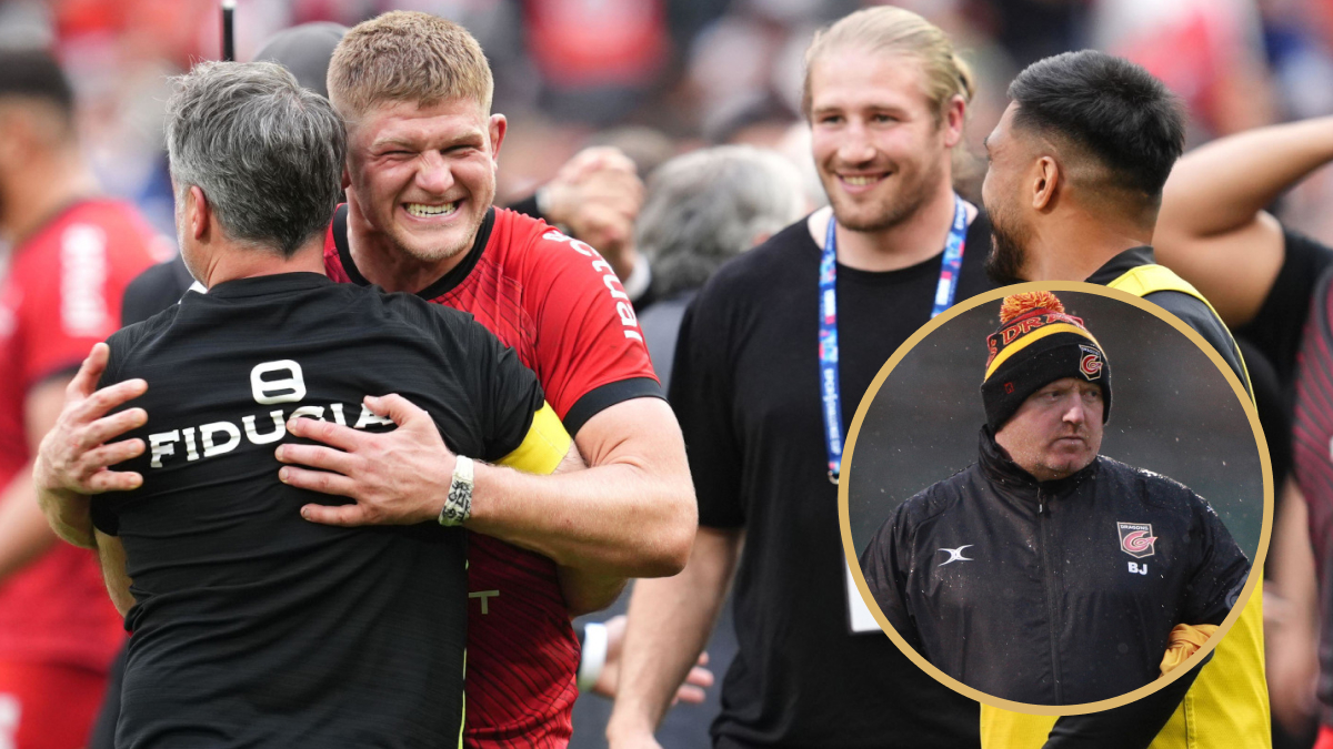 Toulouse flanker Jack Willis hugging head coach Ugo Mola alongside ex-Ireland hooker Bernard Jackman.