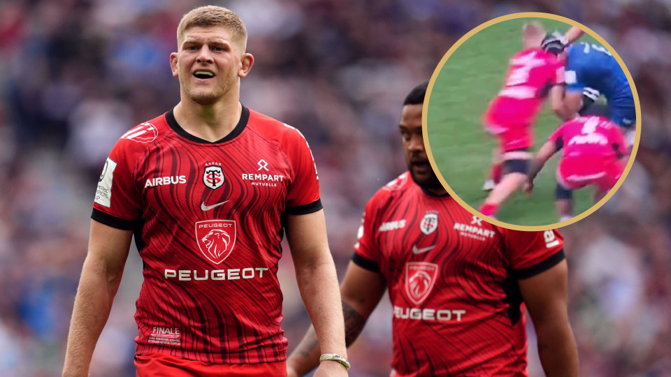 Toulouse star Jack Willis alongside his early hit on Leinster number eight Caelan Doris.