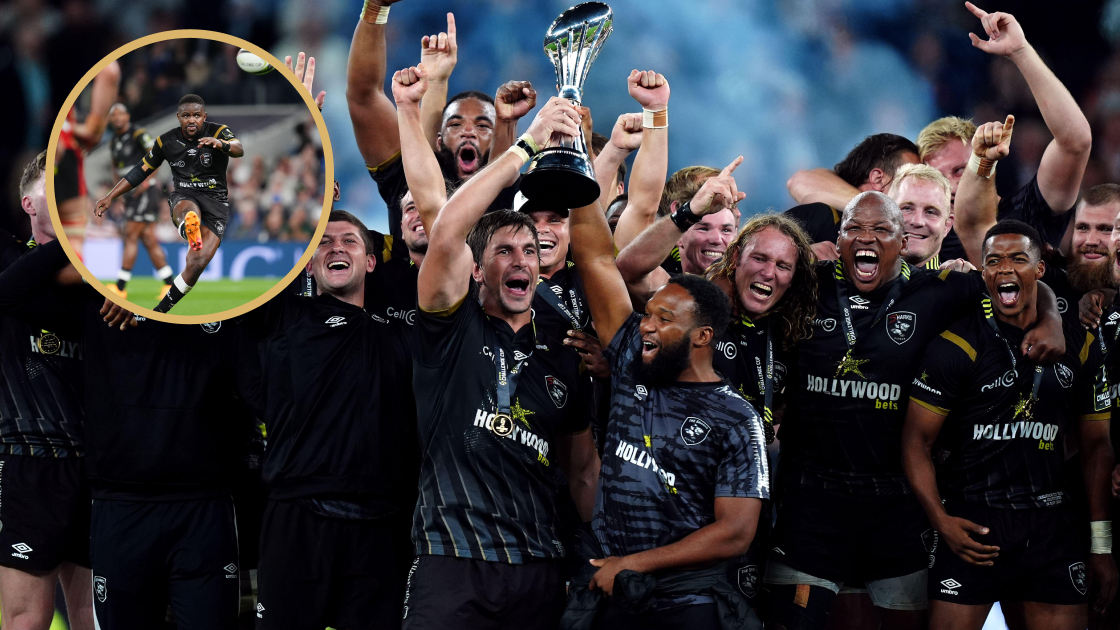 Siya Masuku kicking and the Sharks celebrating their Challenge Cup final victory.