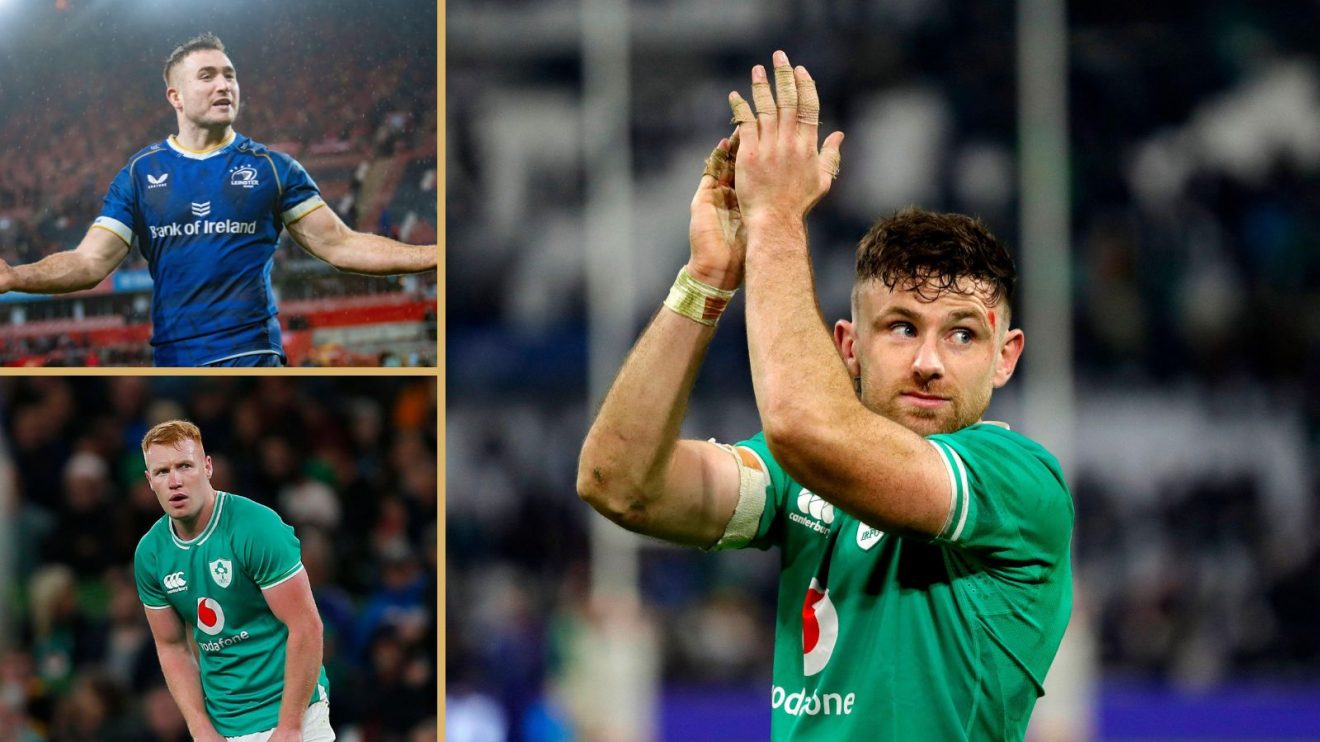 Leinster back Jordan Larmour, Ciaran Frawley and Ireland's Hugo Keenan.