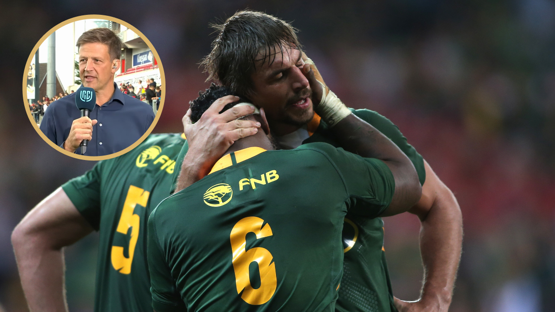 Bobby Skinstad plus Siya Kolisi and Eben Etzebeth embracing.