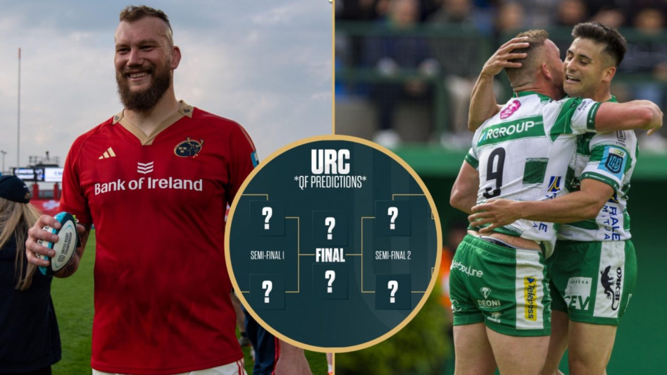 Split with Munster's RG Snyman and Benetton players celebrating.