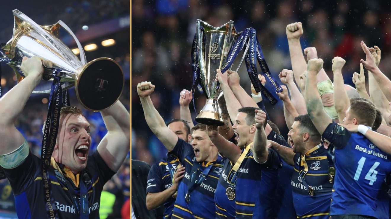 Leinster forward Dan Leavy and the team lifitng the champions Cup trophy in Bilbao.