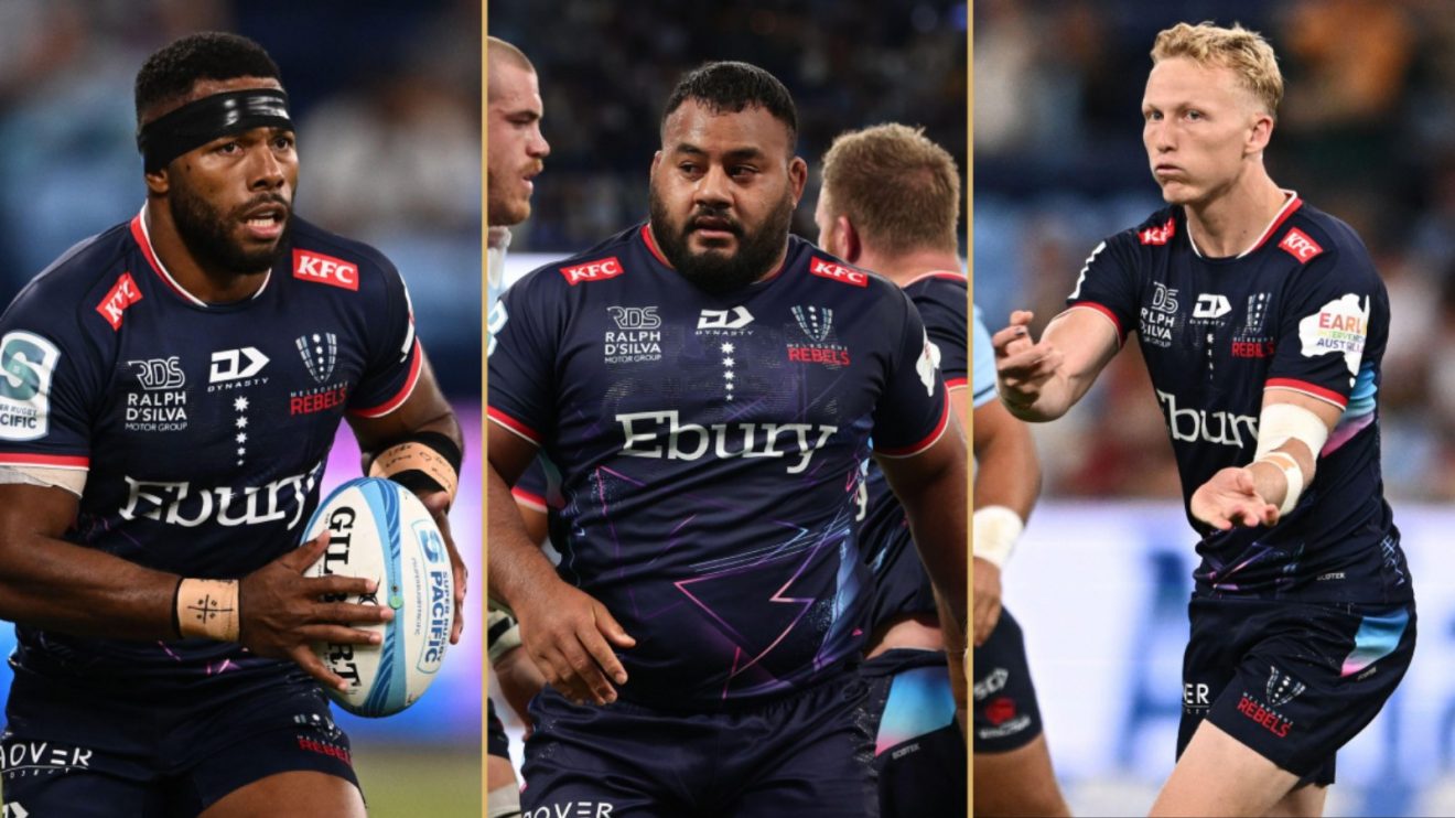 Split with Rebels players Filipo Daugunu, Taniela Tupou and Carter Gordon.