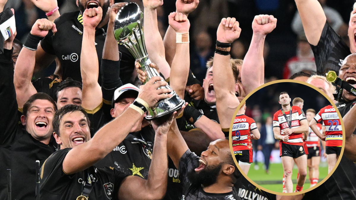 Gloucester's Jonny May and the Sharks' lifting the Challenge Cup title.