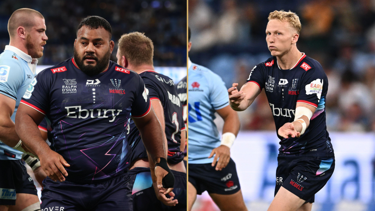 Taniela Tupou and Carter Gordon of the Melbourne Rebels.