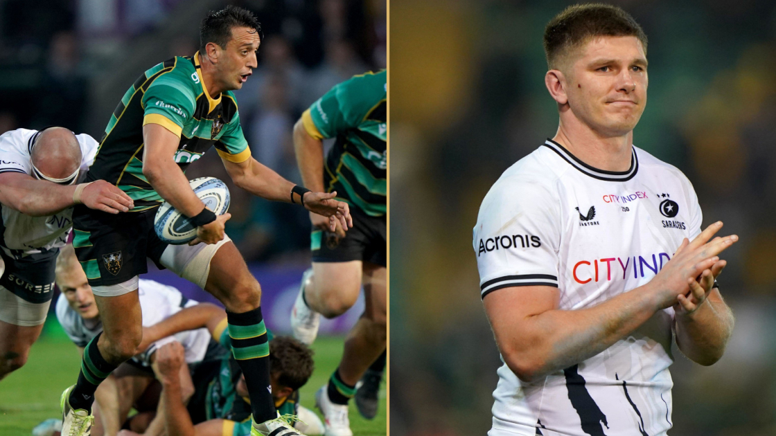 Alex Mitchell and Owen Farrell during the Premiership semi-final between Northampton Saints and Saracens.