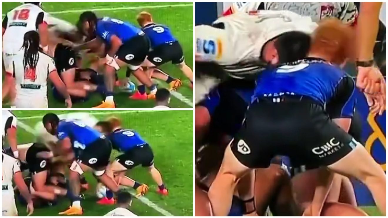 Luke Jacobson clashing into Finlay Christie during Blues v Chiefs in Super Rugby Pacific.