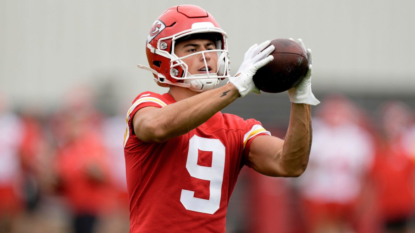 Louis Rees-Zammit in Kansas City Chiefs training in May 2024.
