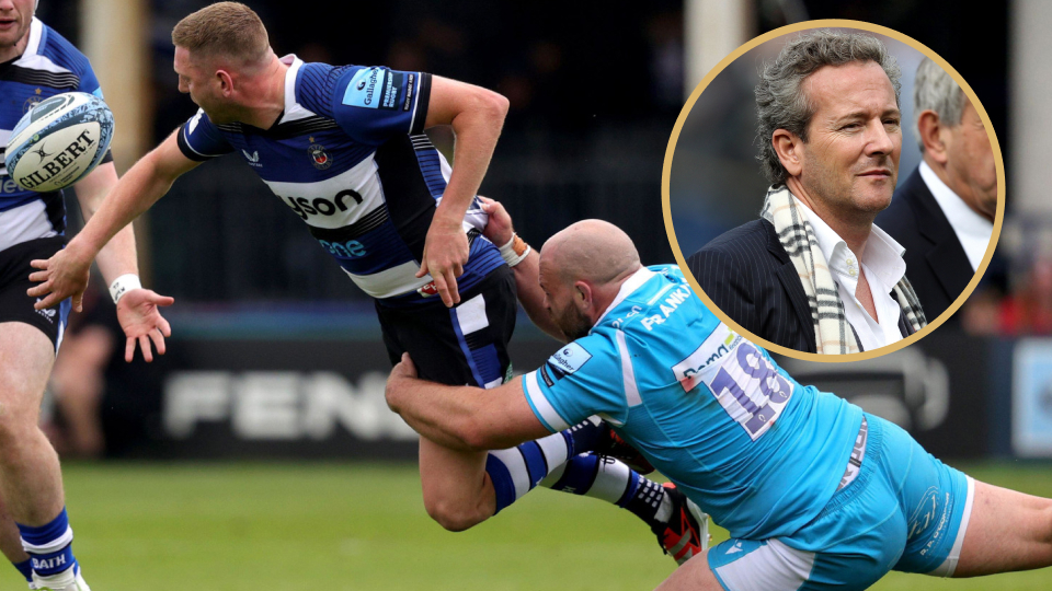 Finn Russell for Bath against Sale in 2024 alongside owner Bruce Craig.