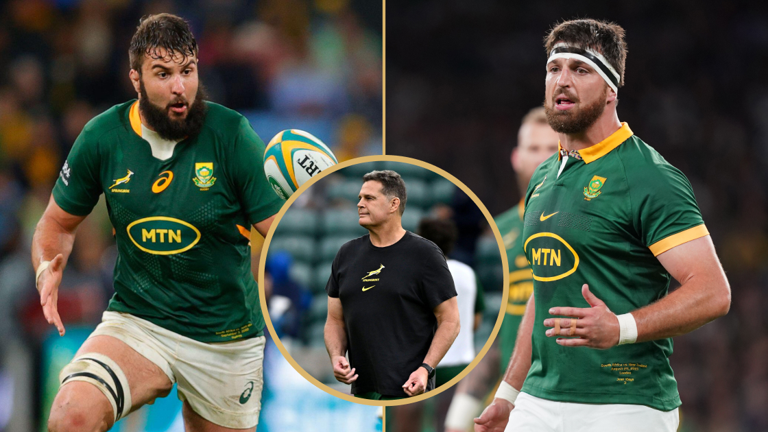 Springboks lock Lood de Jager, head coach Rassie Erasmus and second rower Jean Kleyn.