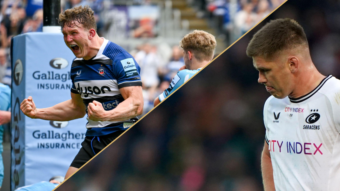 Ted Hill of Bath Rugby and Saracens captain Owen Farrell.