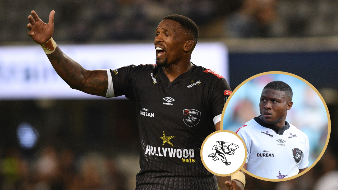 Sharks players Sikhumbuzo Notshe and Curwin Bosch.
