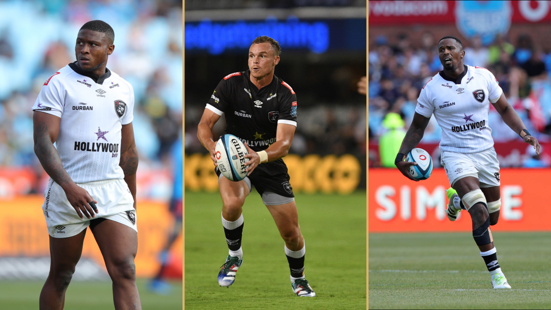 Sharks playesr Aphiwe Dyantyi, Curwin Bosch and Sikhumbuzo Notshe