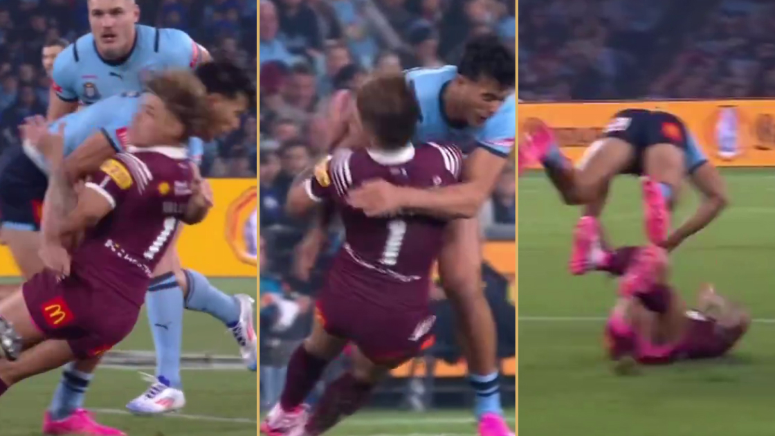 NSW back Joseph Sua'ali'i's tacke on Queensland's Reece Walsh during State of Origin 1.