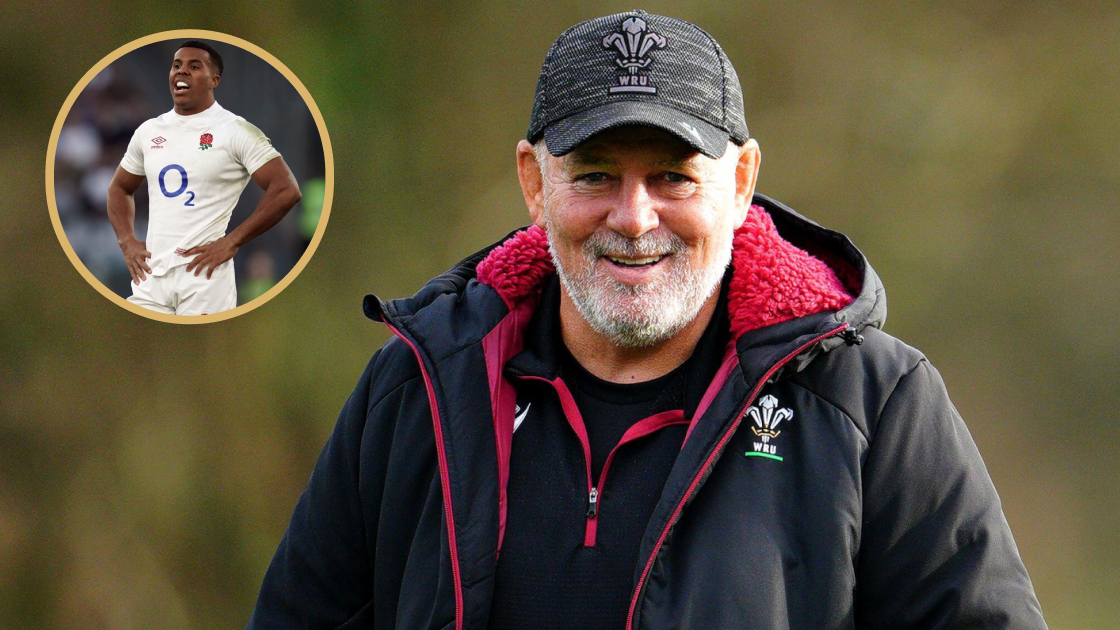 Wales head coach Warren Gatland alongside England wing Immanuel Feyi-Waboso.