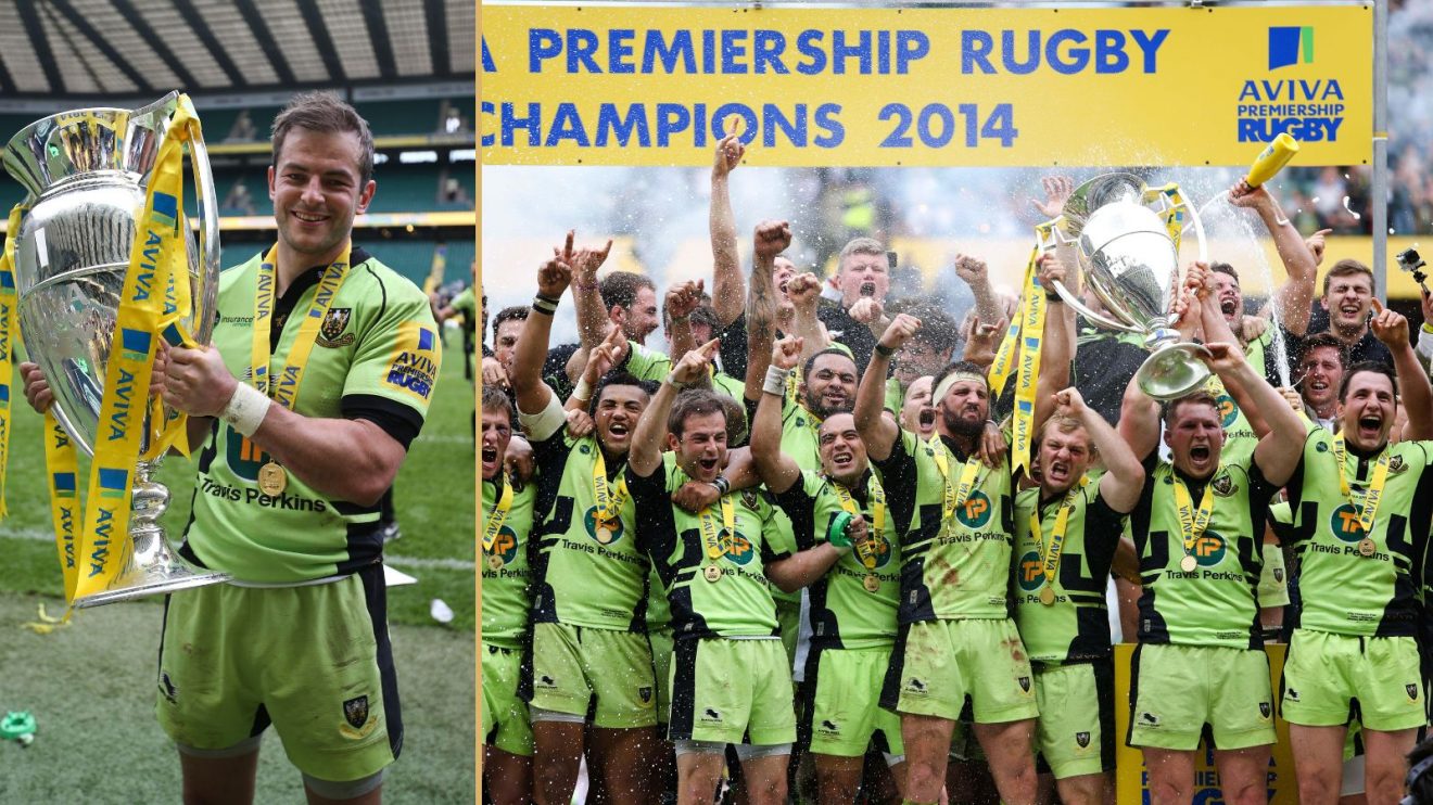 The Northampton team celebrate during the final rugby union Aviva Premiership match between Saracens and Northampton Saints held at the Twickenham Stadium in London,UK on May 31, 2014.