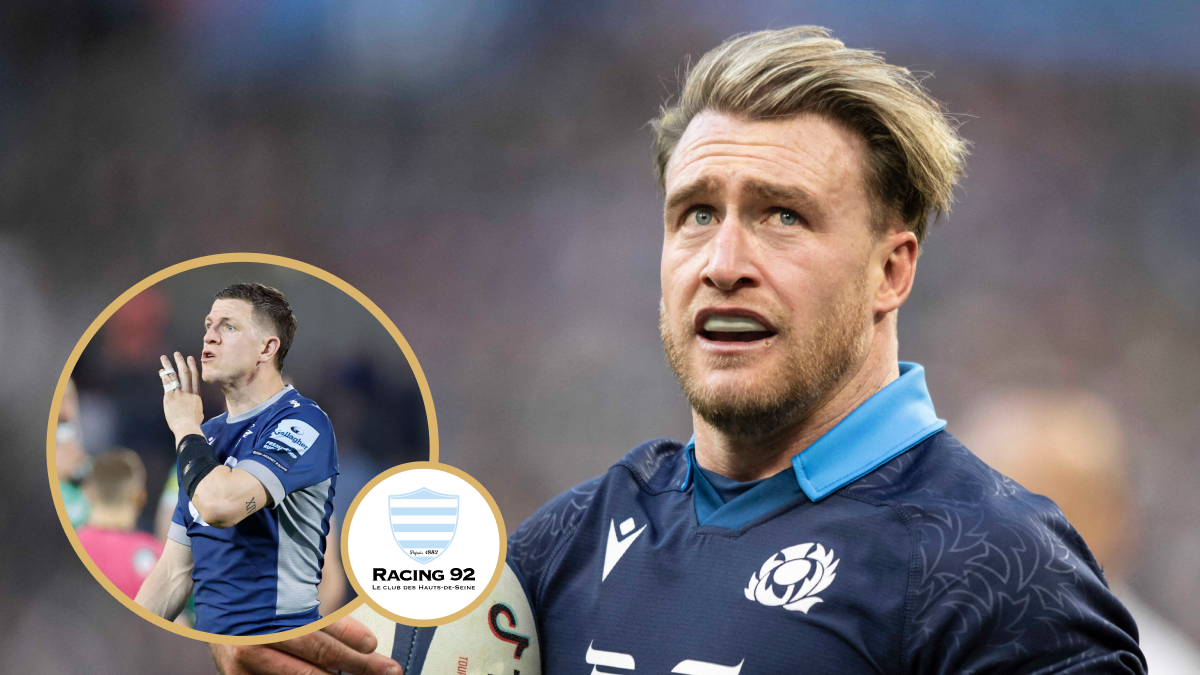 Sam James and a Racing 92 logo and Scotland fullback Stuart Hogg.