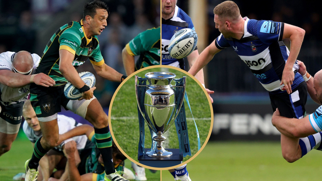 Northampton Saints' Alex Mitchell and Bath's Finn Russell alongside the Premiership trophy.