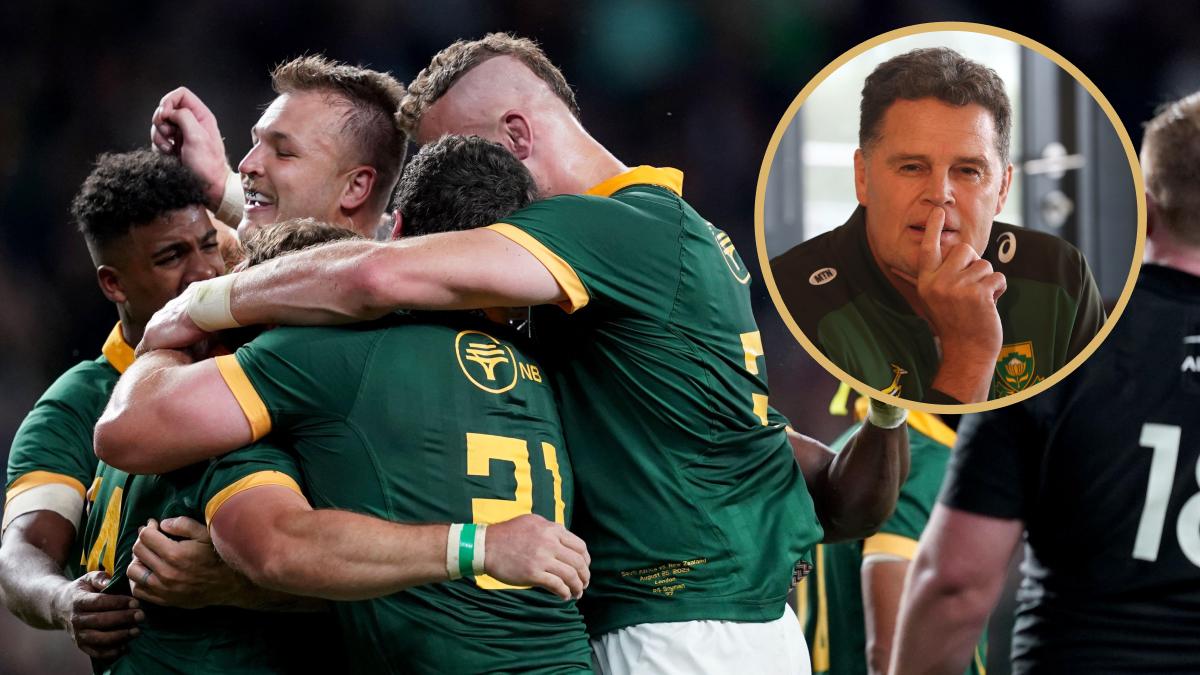 Springboks celebrate scoring at Twickenham Stadium and head coach Rassie Erasmus.