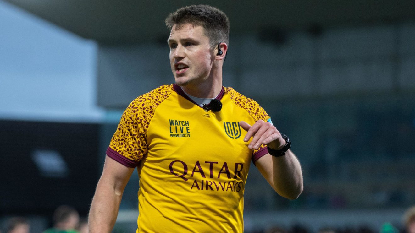 Sam Grove-White refereeing a United Rugby Championship clash.