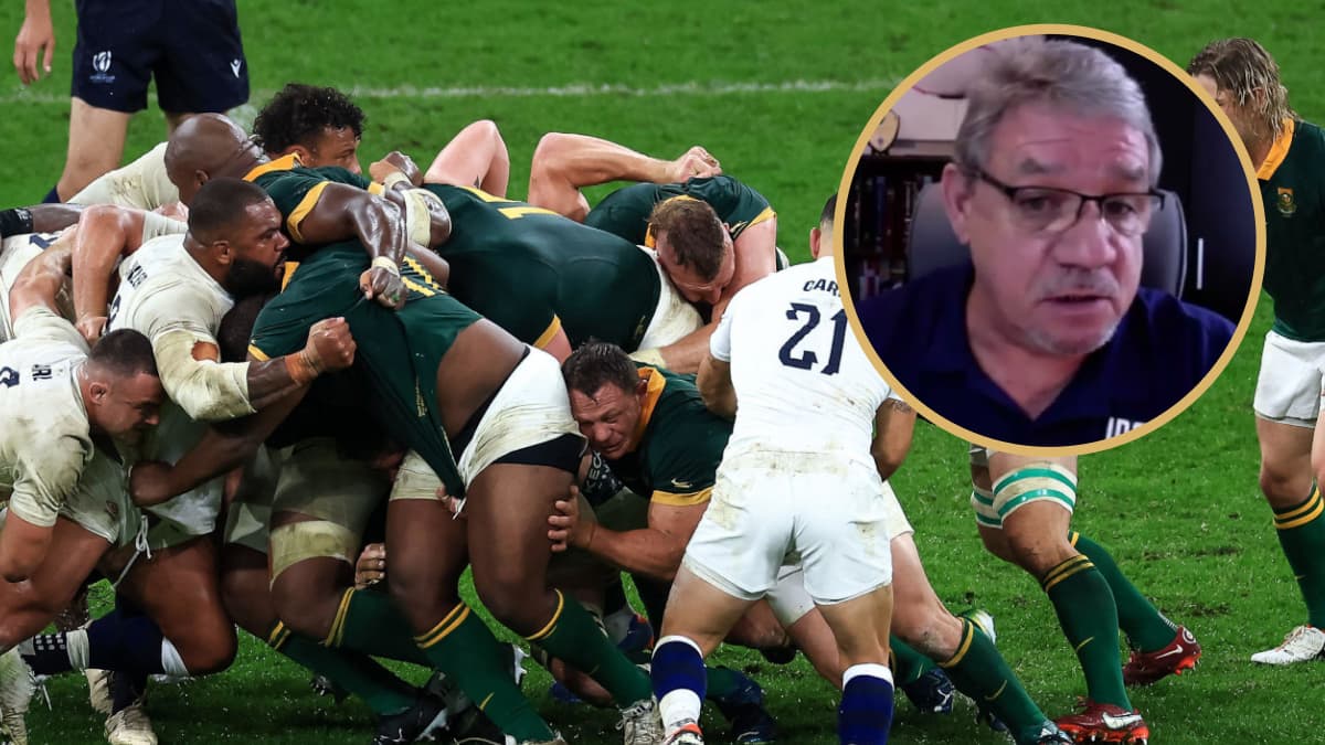 South Africa scrummaging v England in Rugby World Cup and former South African referee Tappe Henning.