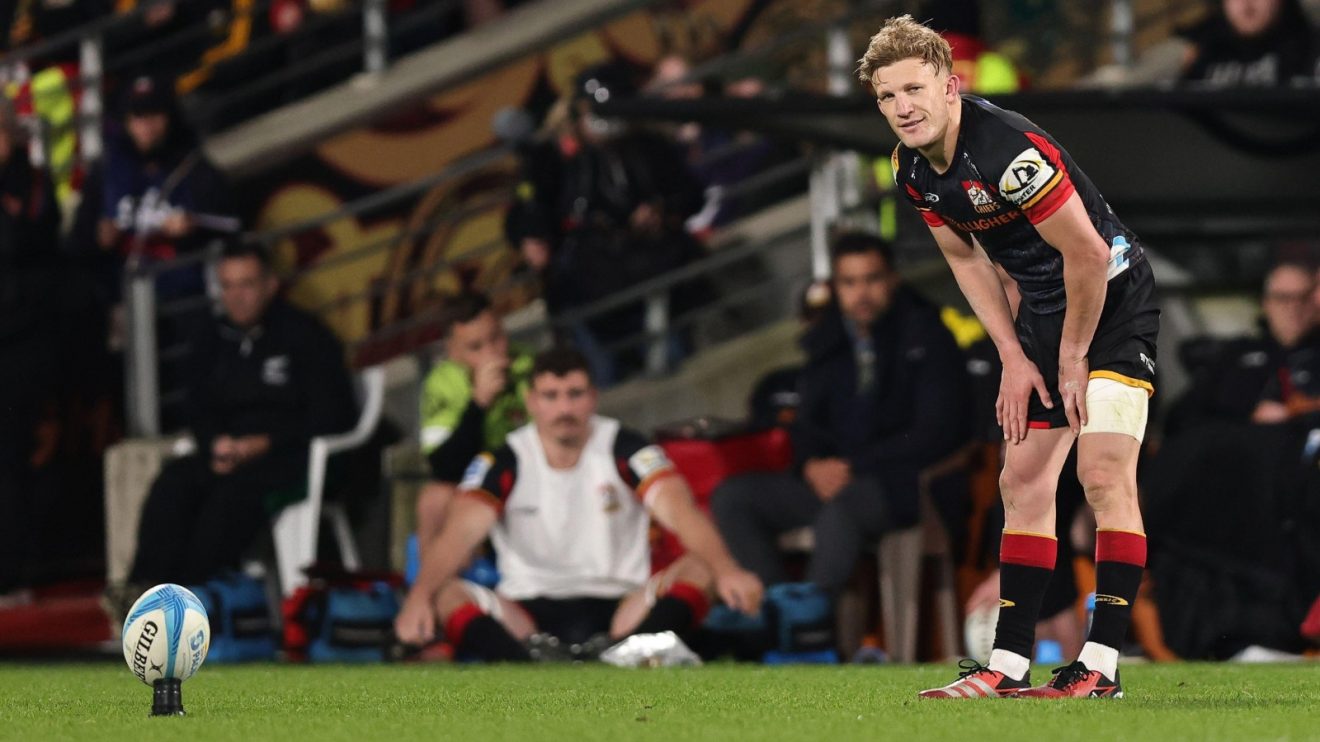Chiefs fly-half Damian McKenzie kicks for goal.