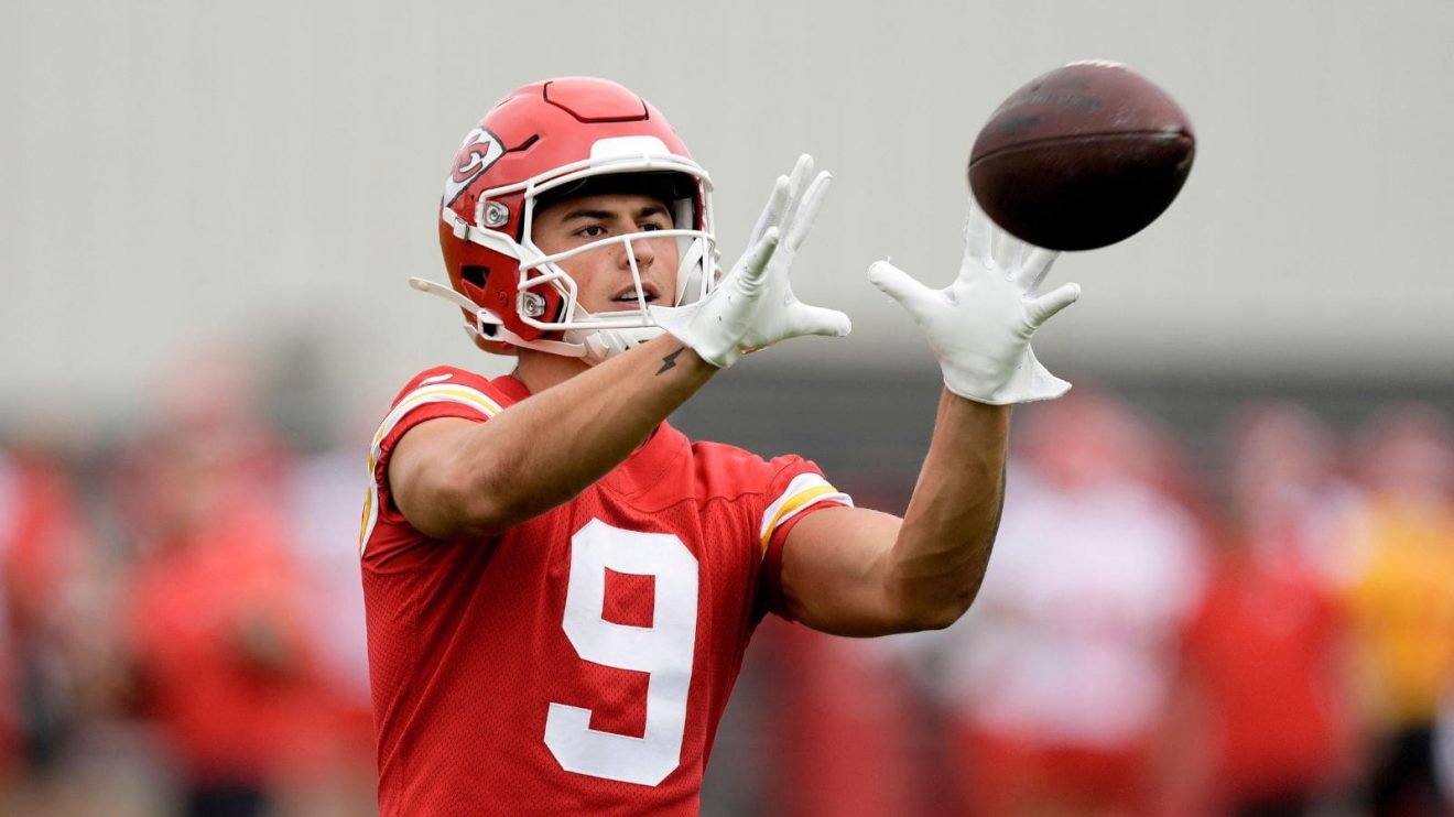 Kansas City Chiefs running back Louis Rees-Zammit catches a pass during the NFL football team's rookie minicamp