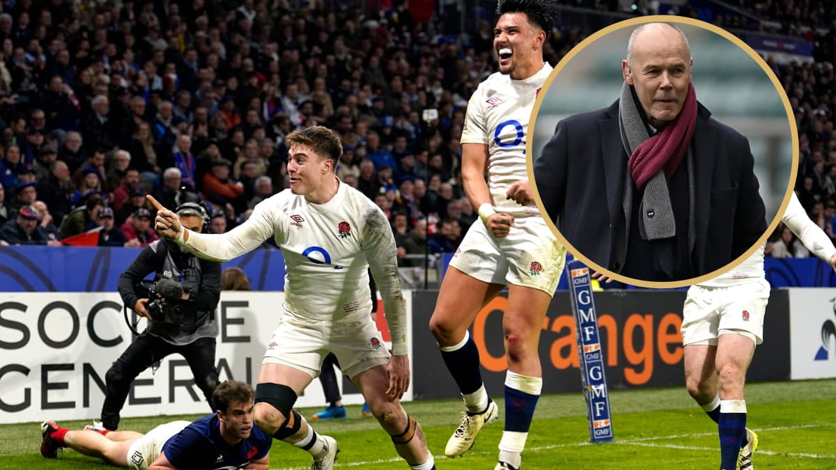 Tommy Freeman celebrates scoring a try for England and Sir Clive Woodard.