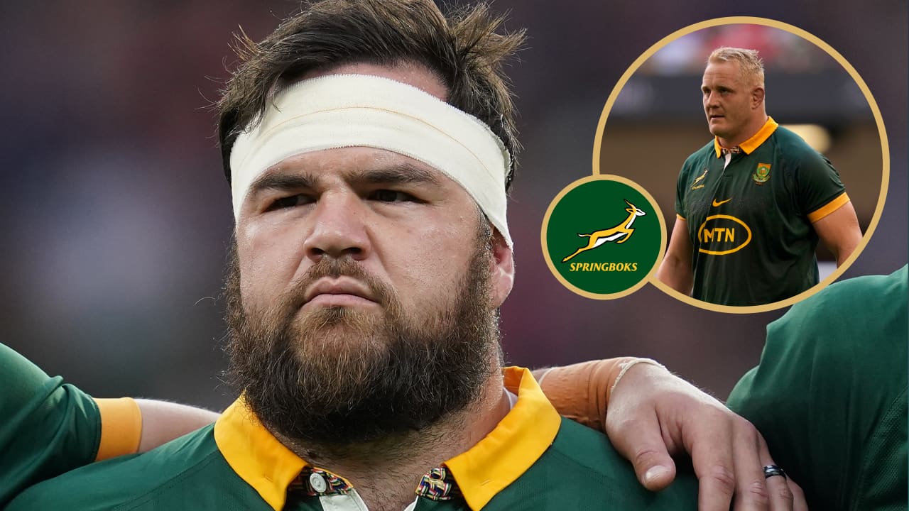 Frans Malherbe and Vincent Koch with a Springboks logo.