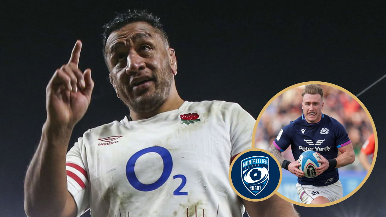 England prop Mako Vunipola and Scotland fullback Stuart Hogg with a Montpellier logo.