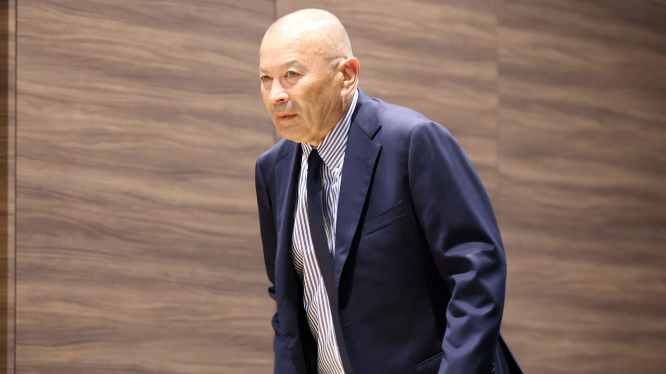 Eddie Jones during a press conference as Japan head coach in 2024.