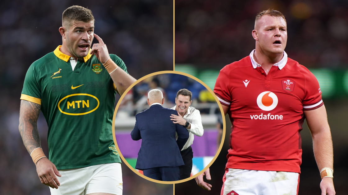 Springboks hooker Malcolm Marx, coaches Rassie Erasmus and Warren Gatland, Wales forward Dewi Lake.