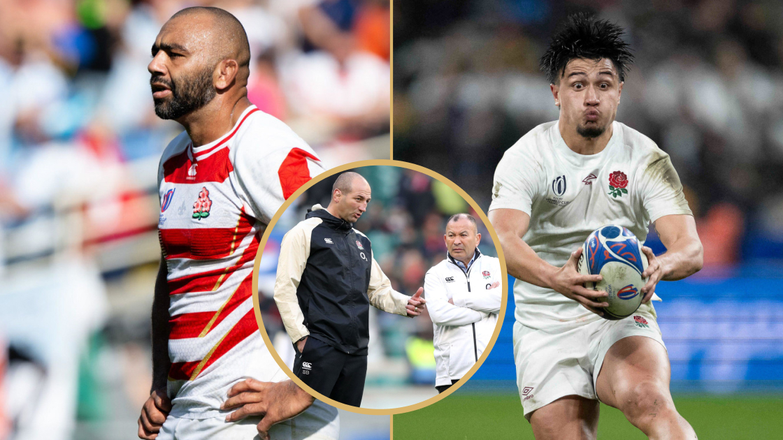 Japan's Michael Leitch and England's Marcus Smith alongside coaches Steve Borthwick and Eddie Jones.