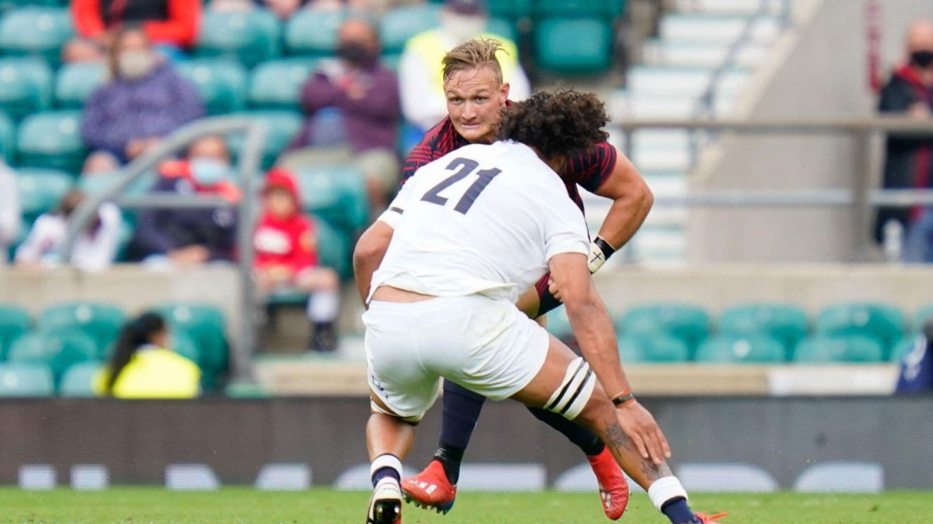 USA Rugby's Hanco Germishuys runs at England's Lewis Ludlam during the England -V- USA Rugby match
