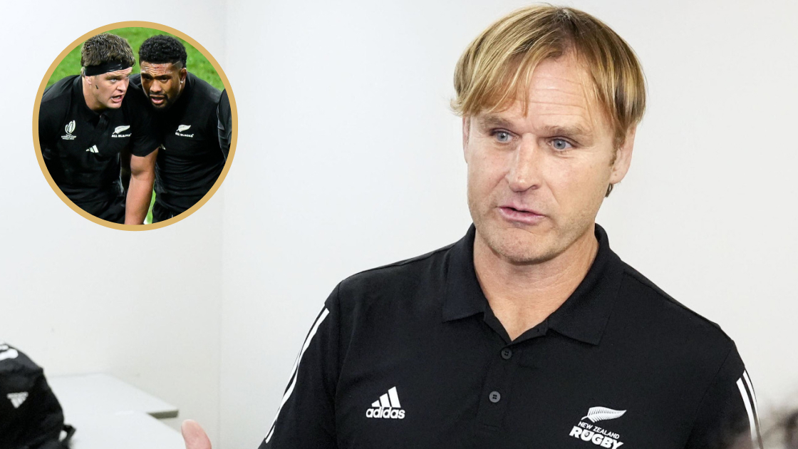 New head coach Scott Robertson alongside the All Blacks captaincy options, Scott Barrett and Ardie Savea.