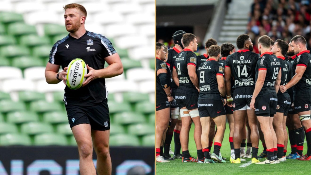 Split with Glasgow Warriors captain Kyle Steyn and Toulouse players huddling.