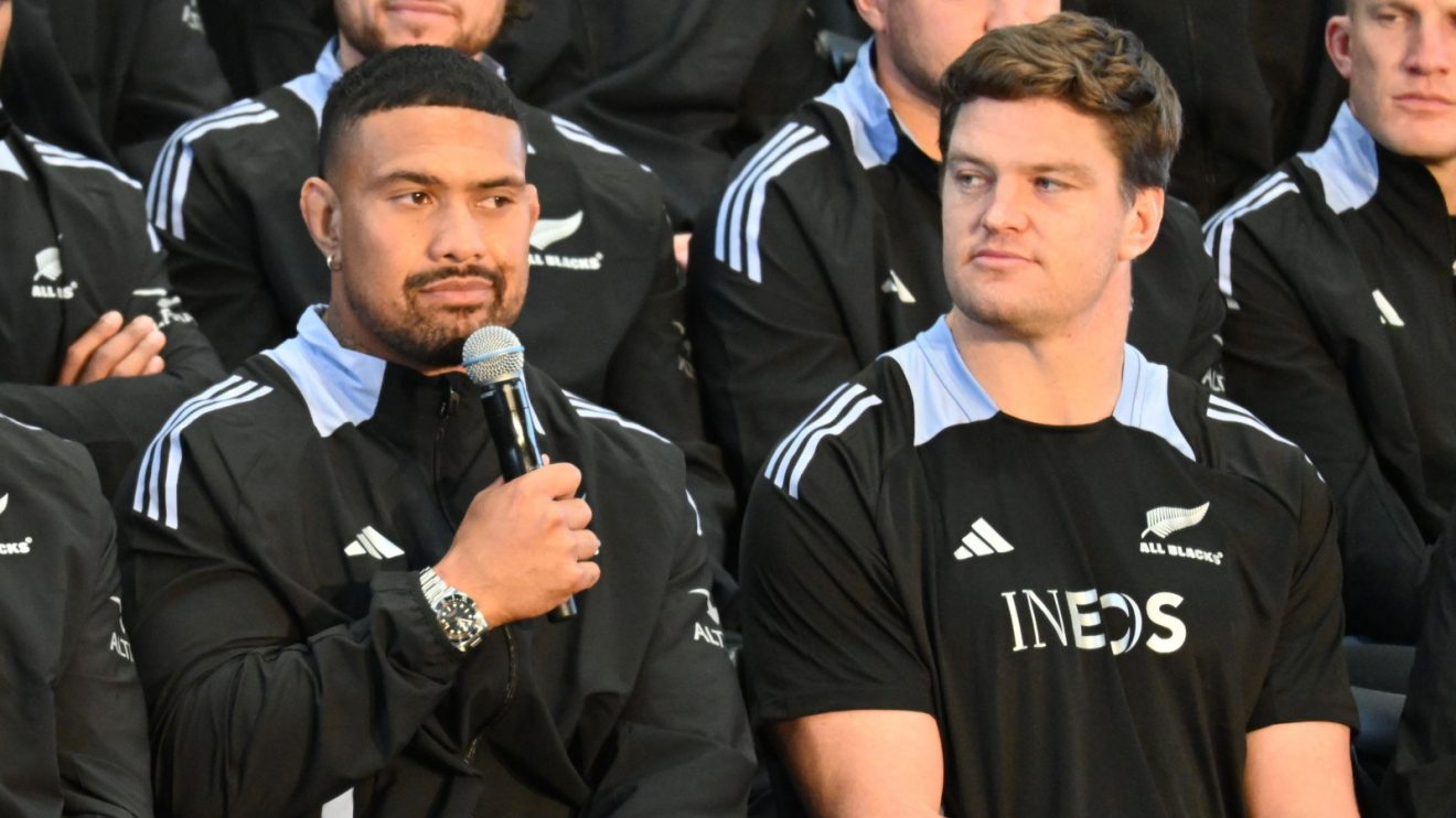 Ardie Savea and Scott Barrett at All Blacks launch ahead of 2024 Test season.