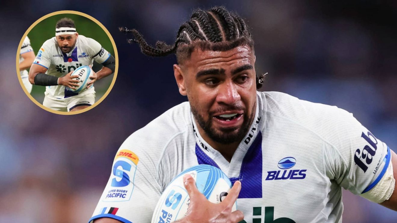 Hoskins Sotutu alongside Blues team-mate and captain Patrick Tuipulotu.