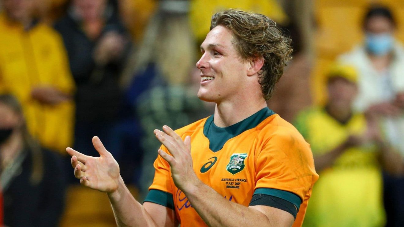 Australia's Michael Hooper celebrates after defeating France in the third rugby international at Suncorp Stadium in Brisbane