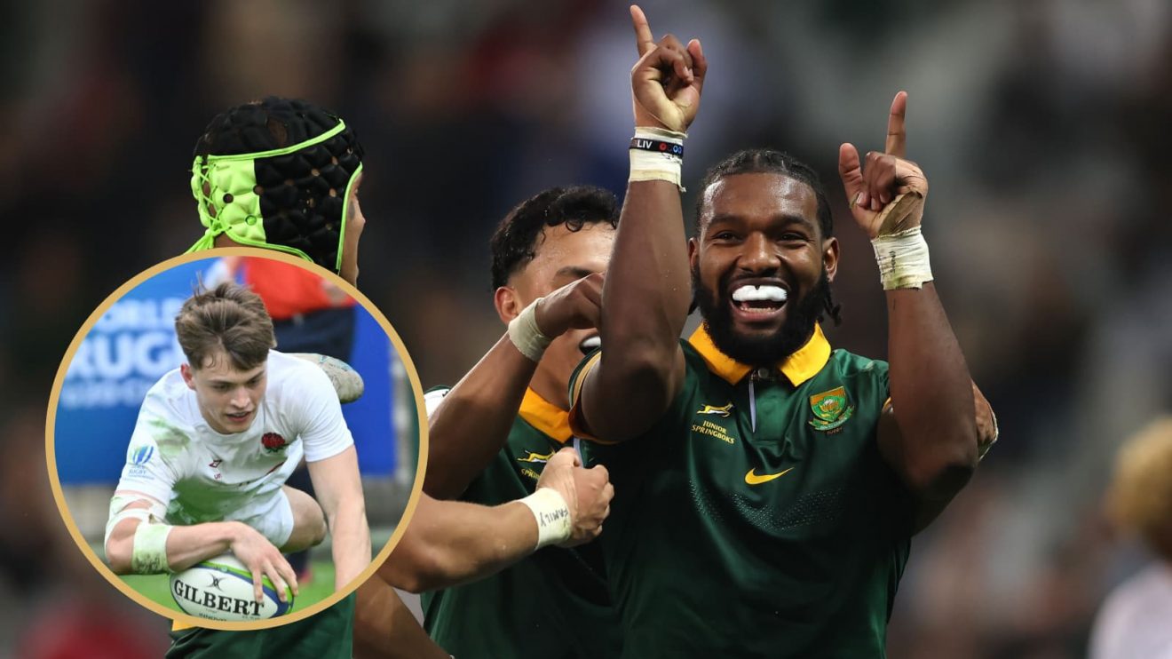 Jurenzo Julius of Junior Springboks (Photo by Shaun Roy/World Rugby) and Jack Bracken of England U/20 (Photo by Thinus Maritz/World Rugby) during the 2024 U20 Championship.