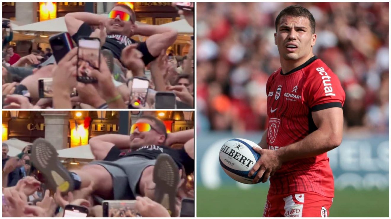 Antoine Dupont crowd surfing after Toulouse's victory in the Top 14.