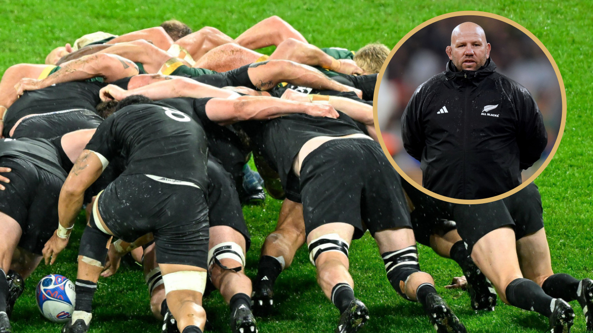 All Blacks scrummaging in Rugby World Cup final, and their forwards coach Jason Ryan.