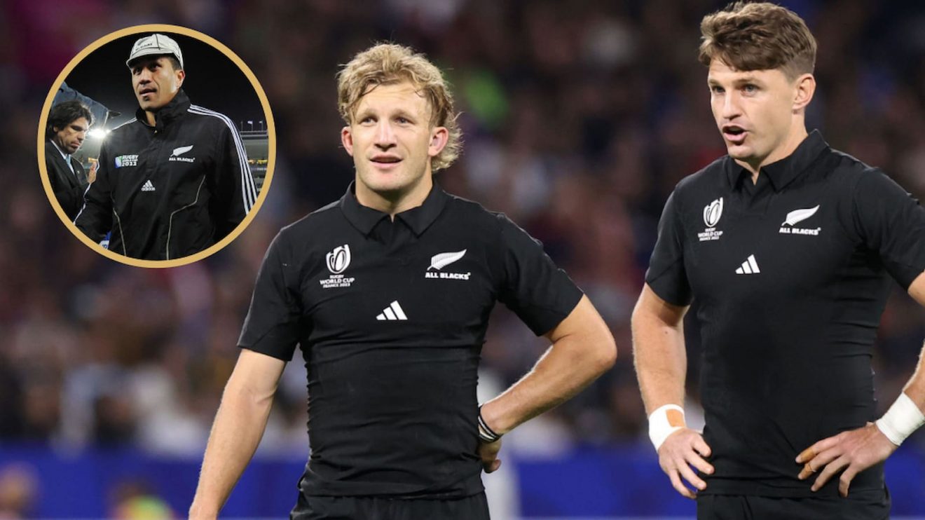 Beauden Barrett and Damian McKenzie alongside All Blacks great Mils Muliaina.