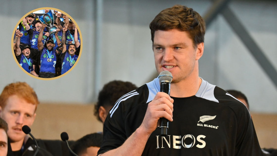 All Blacks captain Scott Barrett and Super Rugby Pacific winners the Blues.