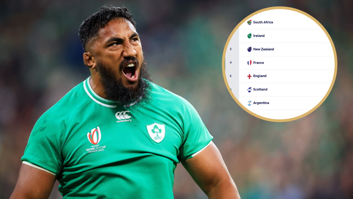 Ireland centre Bundee Aki after beating South Africa and a screenshot of the World Rugby rankings.