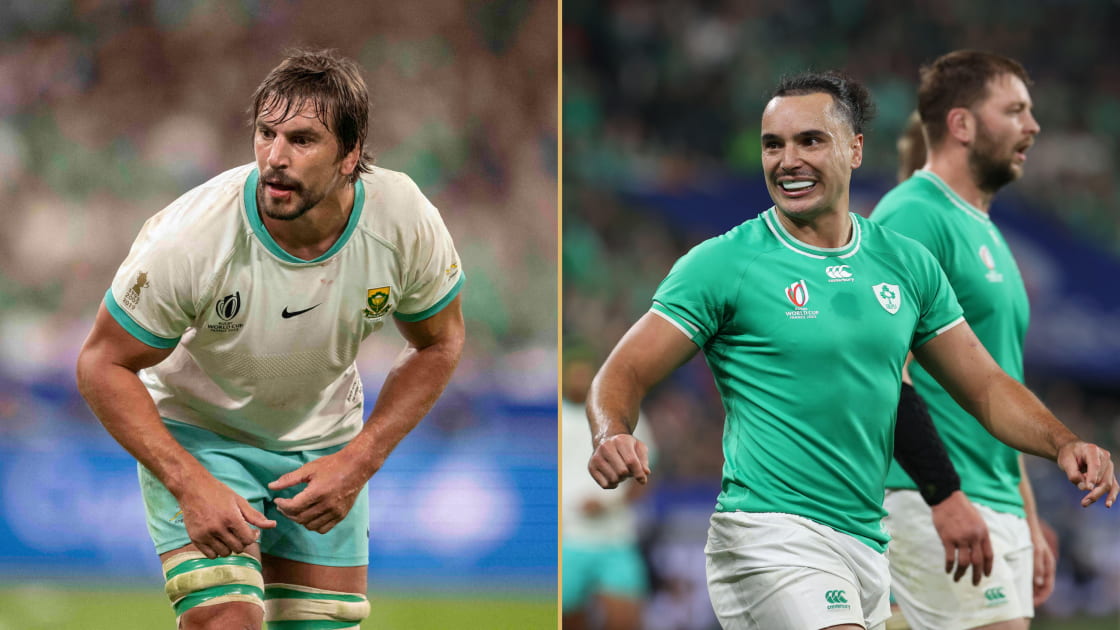 Springboks lock Eben Etzbeth and Ireland winger James Lowe during the Rugby World Cup pool stage match in Paris.