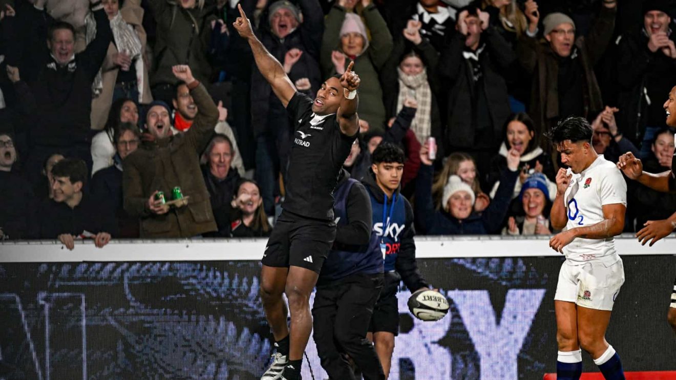 All Blacks wing Sevu Reece celebrates scoring a try v England in 2024.